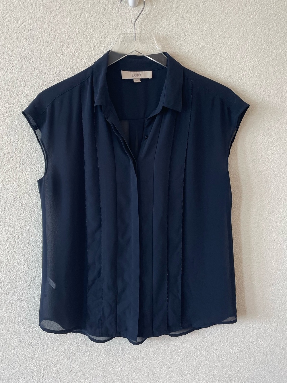 LOFT Navy Cap-Sleeve Pintuck Button-Front Blouse